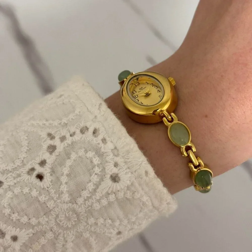 Sku0446 Retro Gold Green Gemstones Women Casual Oval Bracelet Watch + gift bag‎